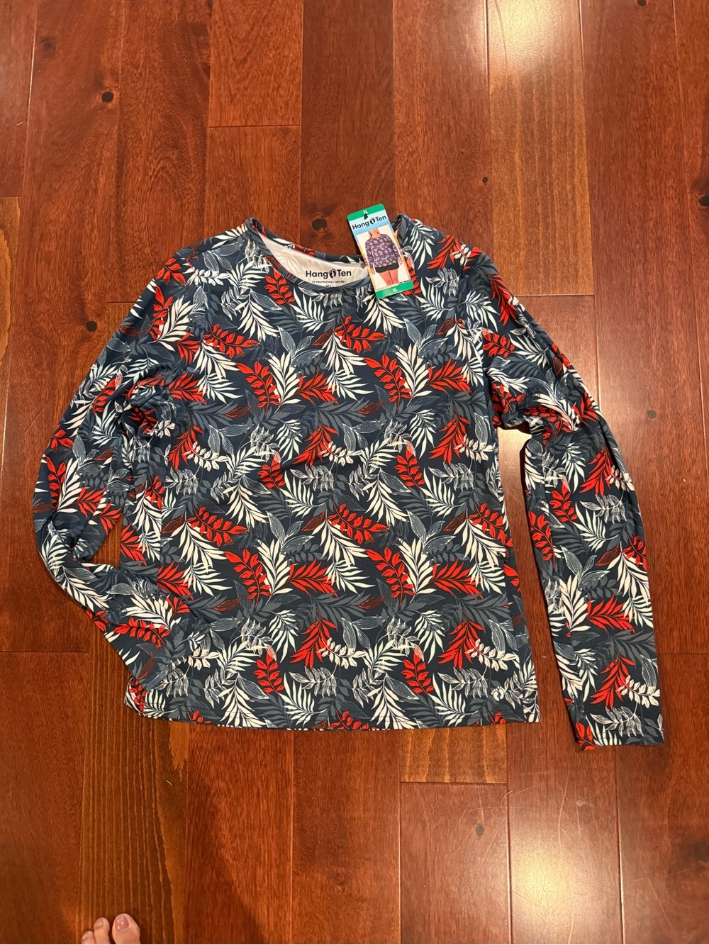 Hang Ten women’s Navy Long-Sleeve Leaf Print Tee with Red & White Accents
